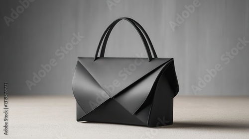 A sleek, black handbag, boasting a unique, asymmetrical design, stood majestically against a neutral backdrop, its minimalist silhouette exuding elegance. photo