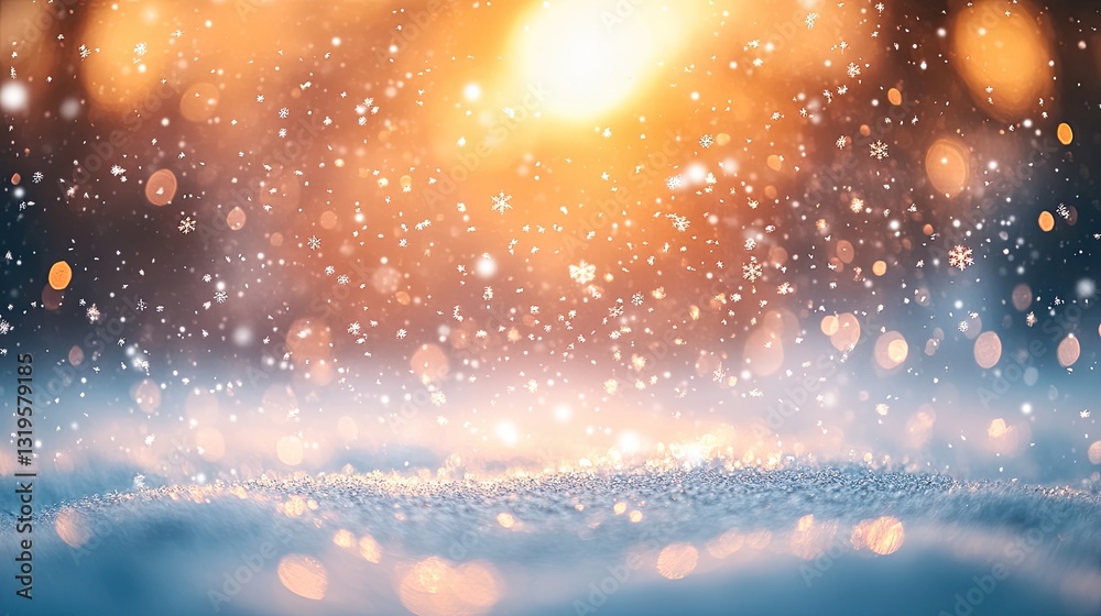 Naklejka premium Snowy winter sunset background, bokeh lights, holiday card