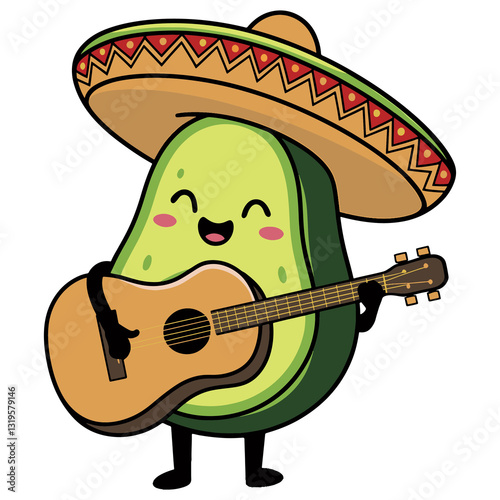 Cute Avocado Mariachi Playing Guitar with Sombrero Cartoon