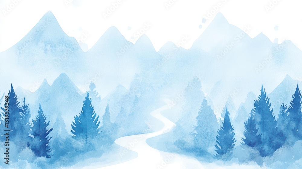 Fototapeta premium Serene Watercolor Landscape with Mountains and Trees