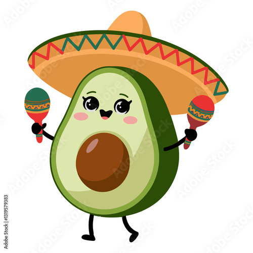  Cute Avocado with Sombrero and Maracas Cartoon Fiesta Illustration