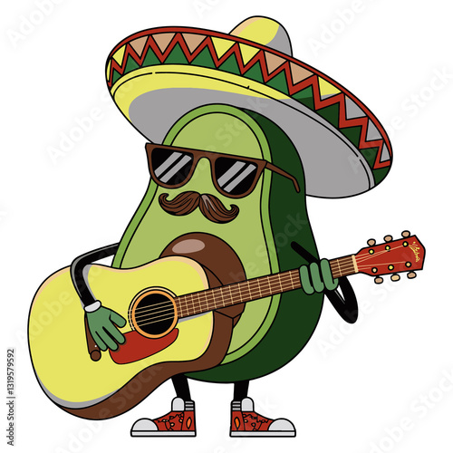 Cute Avocado Mariachi Playing Guitar with Sombrero Cartoon