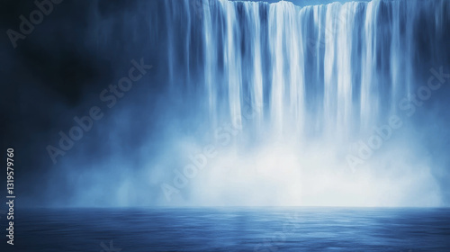 stunning waterfall cascading down with mist and blue tones, creating serene atmosphere