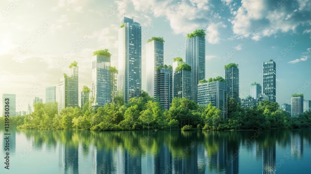 A futuristic cityscape is surrounded by lush greenery and water A futuristic cityscape is surrounded by lush greenery and water