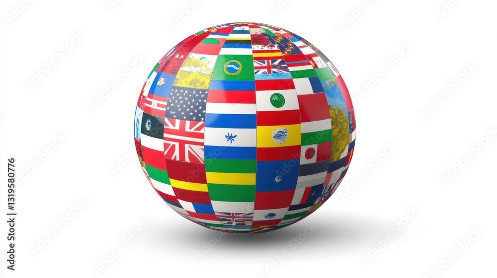 Flag globe rotating, a collection of various national flags, white background, international unity representation Flag globe rotating, a collection of various national flags, white background, international unity representation