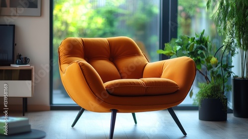A plush orange armchair, crafted for modern living, boasts a stylish design with soft, inviting cushions, promising ultimate comfort and relaxation.