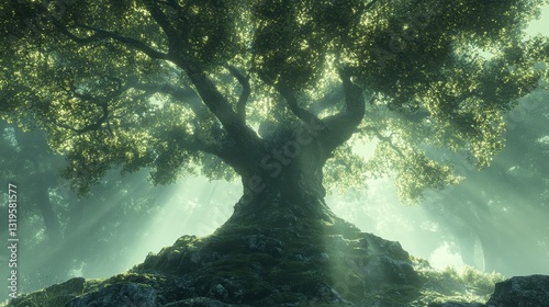 A majestic old tree, its gnarled branches intertwined like the arms of a benevolent giant, its crown a verdant tapestry, its roots reaching deep into the earth, standing as a testament to nature s