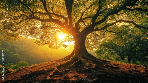 A majestic old tree, its gnarled branches intertwined like the arms of a benevolent giant, its crown a verdant tapestry, its roots reaching deep into the earth, standing as a testament to nature s