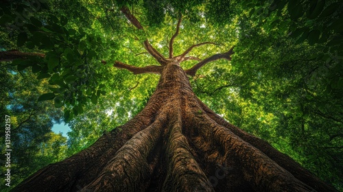 A towering sentinel of the forest, its roots entwined deep within the earth, its branches reaching for the sky, a testament to nature s enduring strength and beauty.