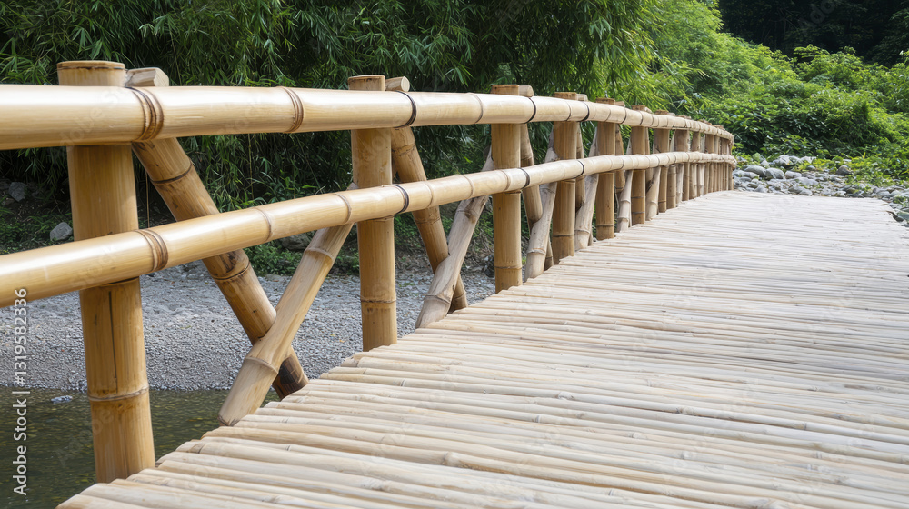 Obraz premium serene bamboo bridge over tranquil stream, surrounded by lush greenery
