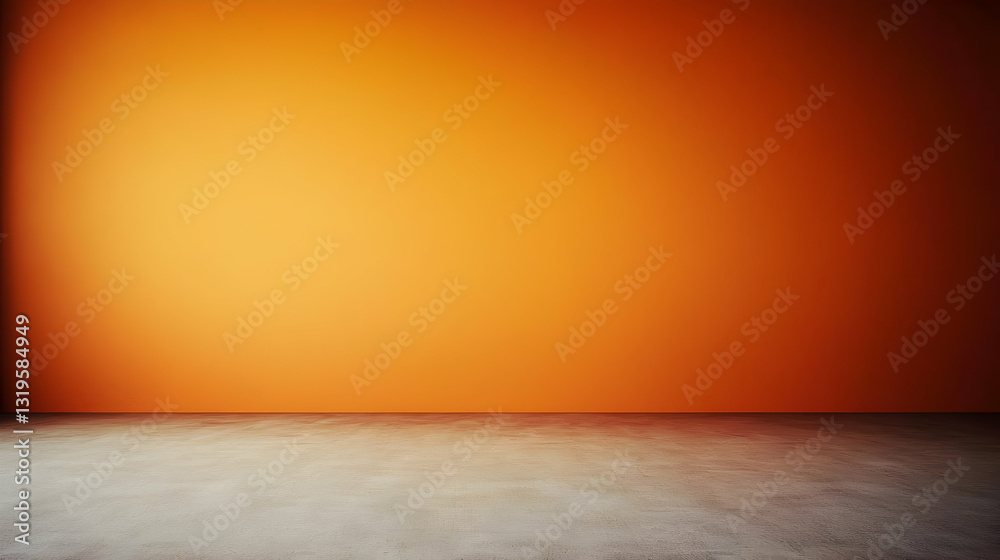 Orange Wall Background With Concrete Floor And Spot Light Studio