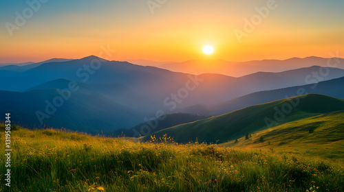 
Majestic mountain landscape, sunrise over hills, nature adventure hiking
