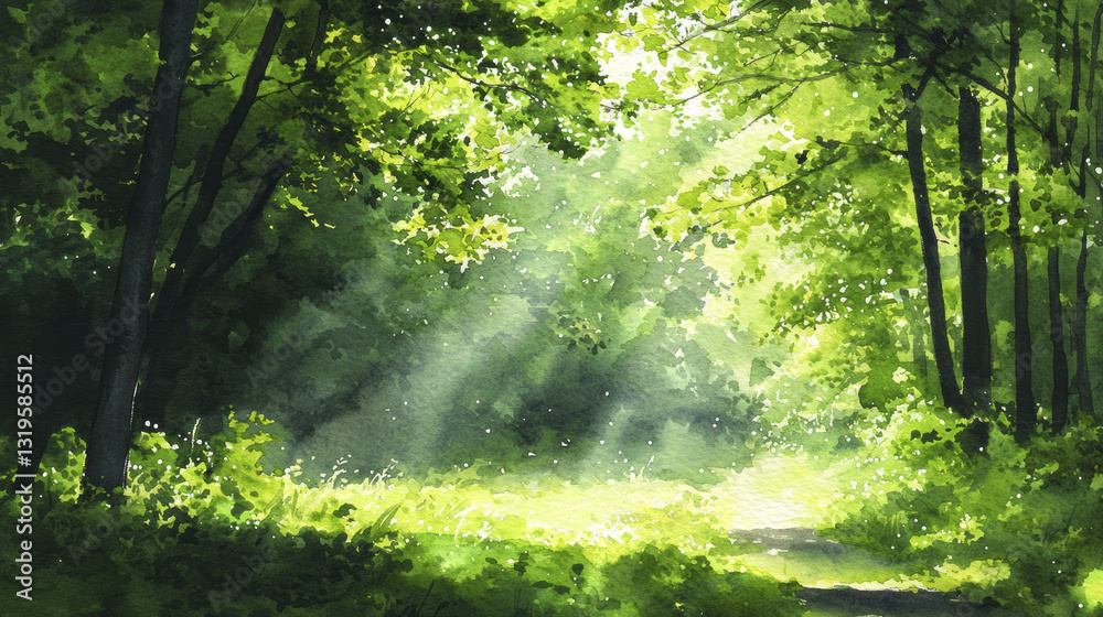 Obraz premium serene forest scene with vibrant green foliage and soft sunlight filtering through trees, creating peaceful atmosphere