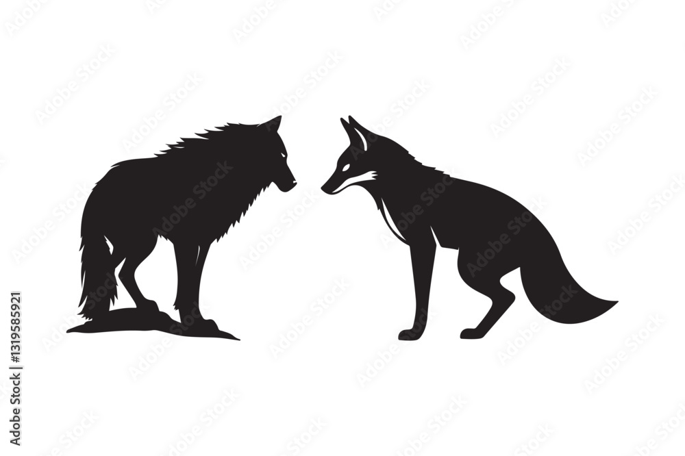 Obraz premium Wolf and Fox Silhouette Facing Each Other Wildlife Animal Art