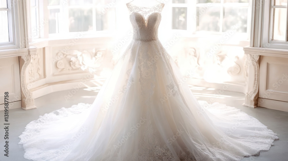 Elegant white wedding dress with lace details hanging in a bright room Elegant white wedding dress with lace details hanging in a bright room