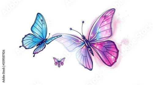 Wallpaper Mural Three butterflies in beautiful blue and pink hues flutter gracefully against a gentle backdrop showcasing intricate patterns and a magical sparkle effect Torontodigital.ca