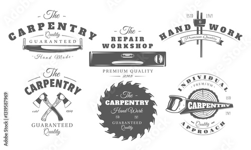 Carpentry logo set isolated on white background. Carpenter work tool elements: wood, blade, saw, axe for vintage label design. Vector illustration