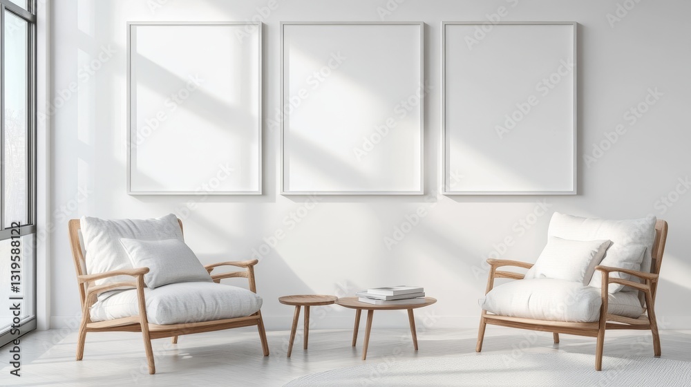 Fototapeta premium Three empty white frames on minimalist cozy background