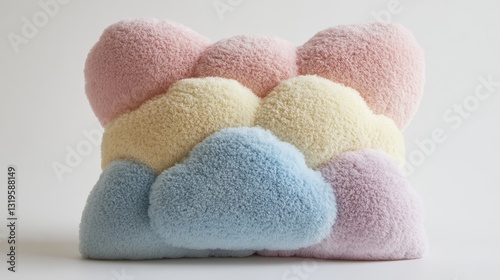 A soft, cloud-like throw pillow, crafted in a whimsical array of pastel hues, stood proudly against a pristine white backdrop, ready to add a touch of warmth and personality to any cozy space.