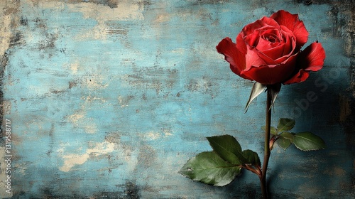 Single red rose on rustic blue wood; Valentine's Day card
