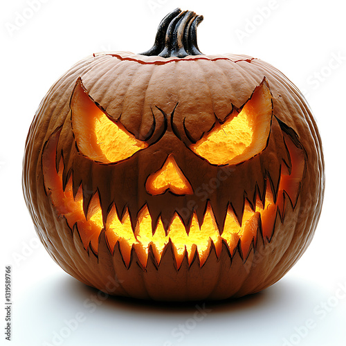 A glowing carved pumpkin with sharp menacing eyes and a jagged grin sits against a bright white background.