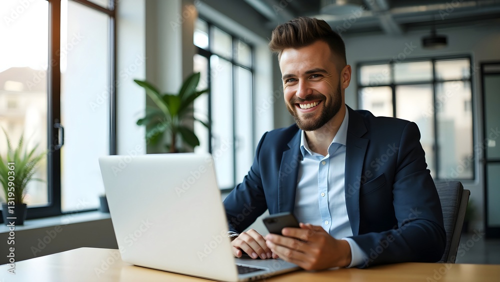 successful businessman in a modern office space smiling while checking his smartphone staying updated on professional communication and efficiently managing corporate tasks and meetings successful businessman in a modern office space smiling while checking his smartphone staying updated on professional communication and efficiently managing corporate tasks and meetings