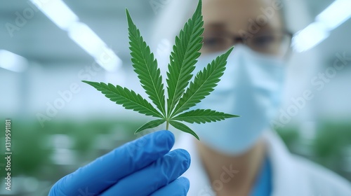 Healthcare professional analyzing cannabis leaf in laboratory setting close-up scientific examination