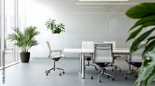 Modern Bright Office Interior Design With White Table And Chairs Gray Floor Potted Plants And Natural Light