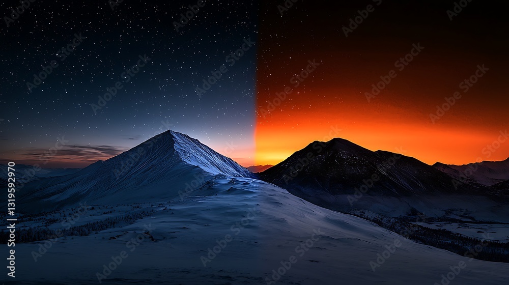 Sunset and Night Sky over Snow Mountains Sunset and Night Sky over Snow Mountains