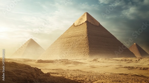 Ancient Pyramids in the Desert at Sunrise
