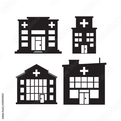 Hospital buildings, medical facilities, black and white icons, silhouette 