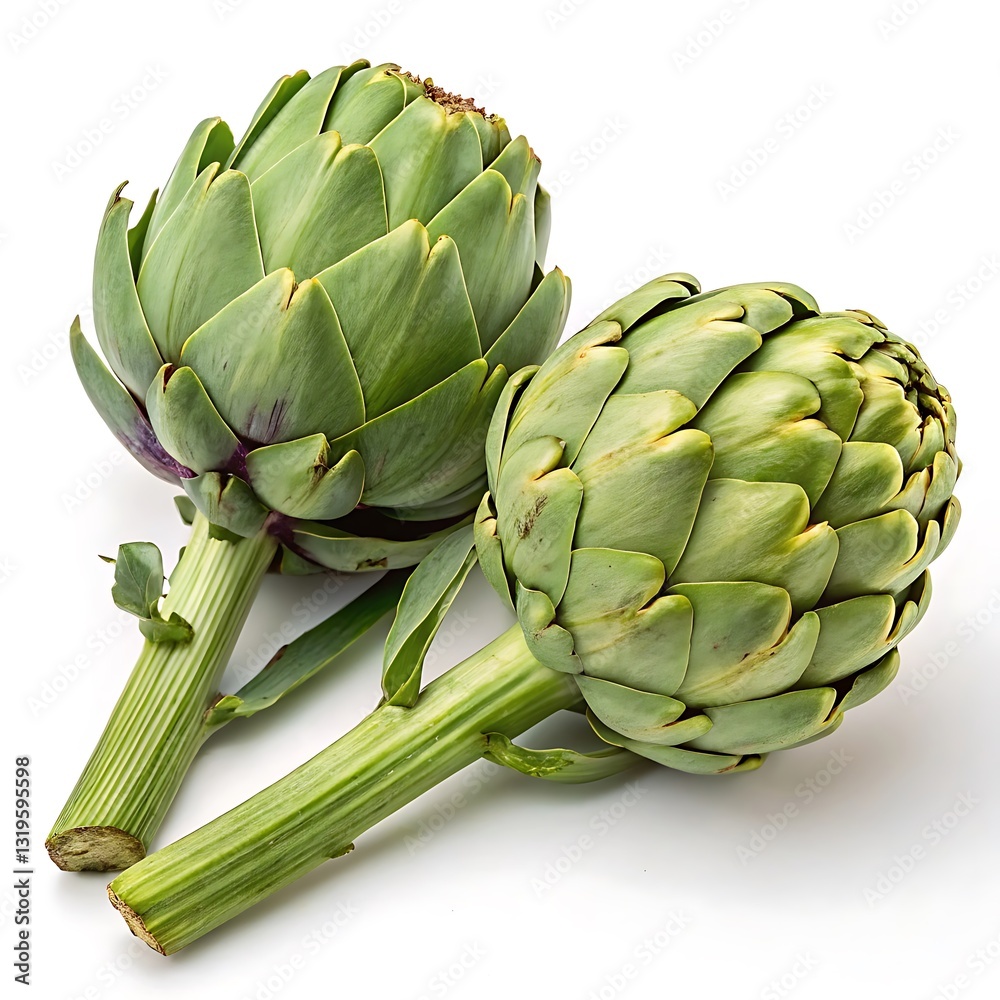 Obraz premium Two fresh green artichokes with layered leaves and thick stems, isolated on transparent background
