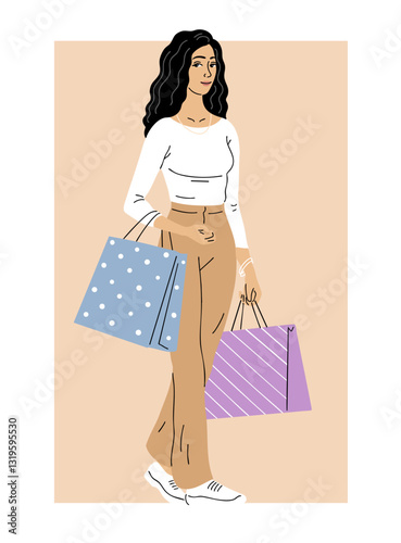 Beautiful young woman with shopping. Modern girl in the store. Beauty and fashion. City life. Vector illustration