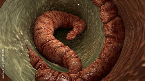 Detailed view of a large intestinal worm in a human digestive system during a medical demonstration