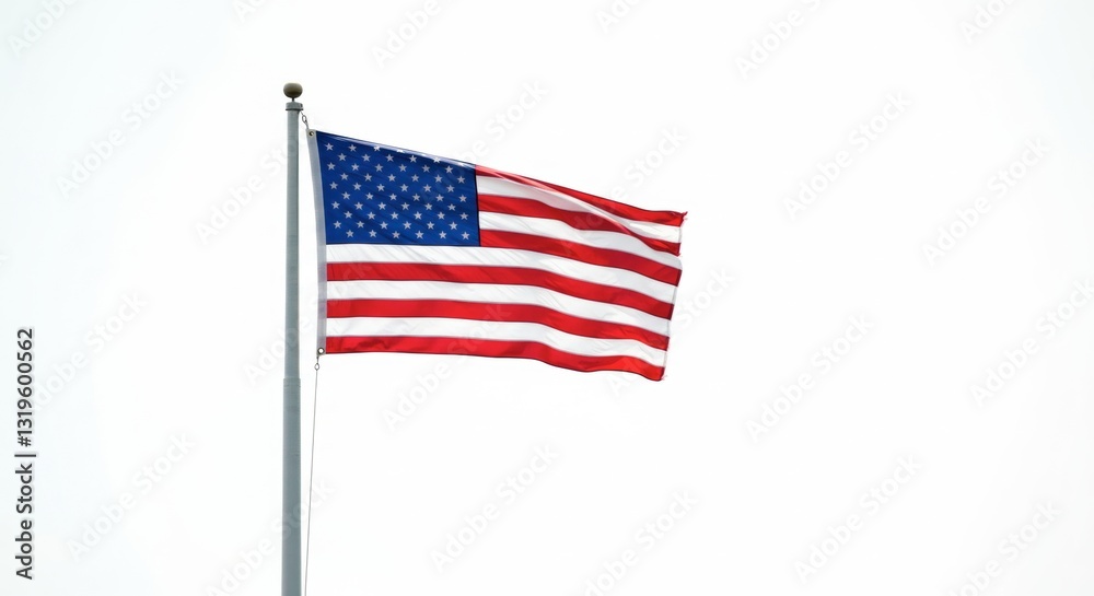Fototapeta premium American flag waving proudly against a bright sky backdrop. The emblem of the USA gracefully blowing in the wind