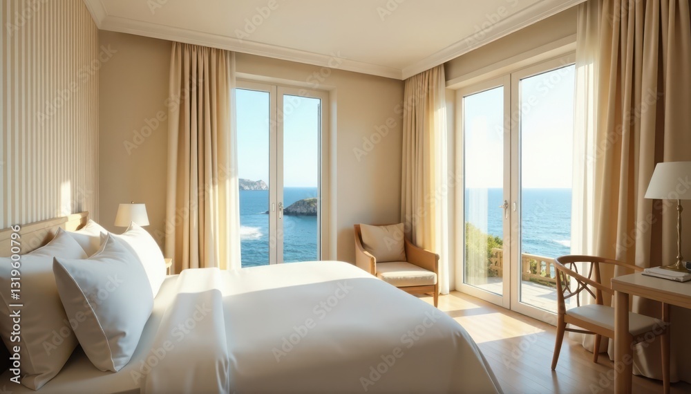 Fototapeta premium Striped beige walls, light wood furnishings, open French windows, stunning sea view Minimalist double hotel room , light, suite, sky