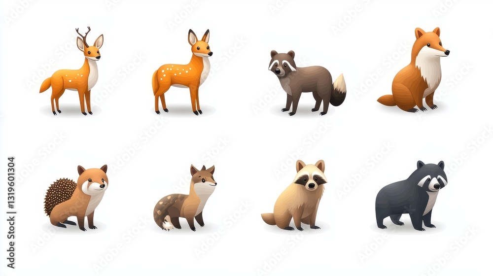 Fototapeta premium Colorful cartoon animals including deer, raccoon, and fox.