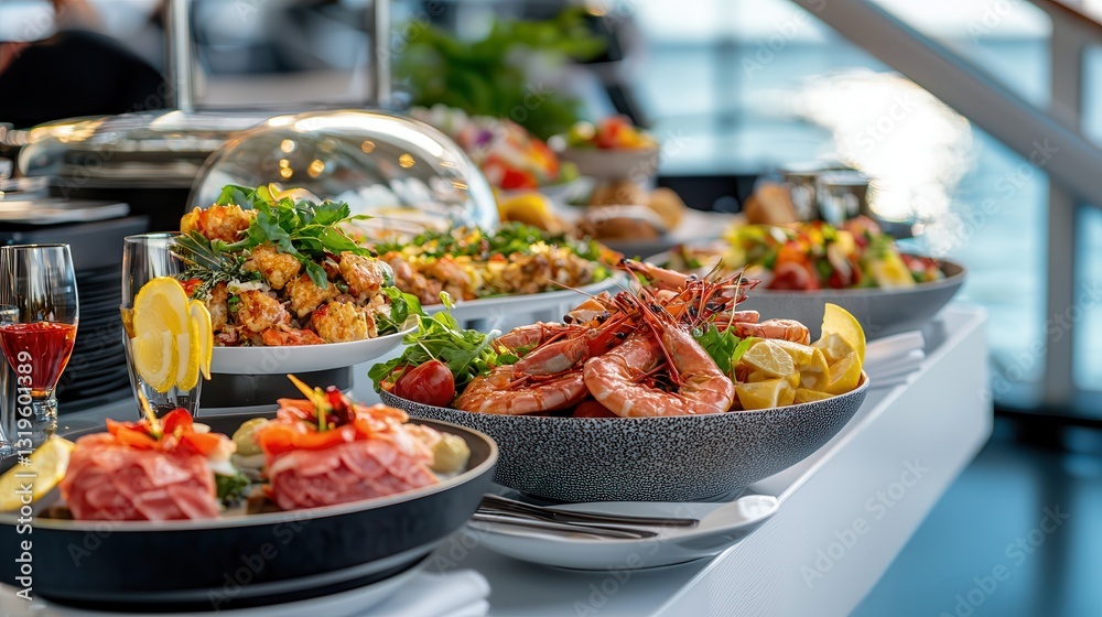 Fototapeta premium Luxury cruises comfort dining experience. Buffet spread featuring seafood, salads, and various dishes.