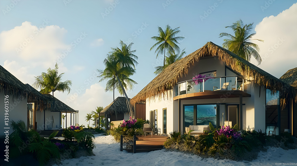 Fototapeta premium Luxury Tropical Beachfront Bungalows With Palm Trees And White Sand Under A Sunny Blue Sky