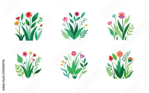 flowers and green leaves and grasses isolated on white background 
