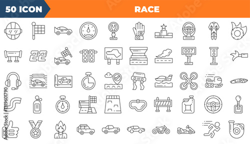 Race icon set. Containing car, rally, flag,and more. Line vector icons collection.