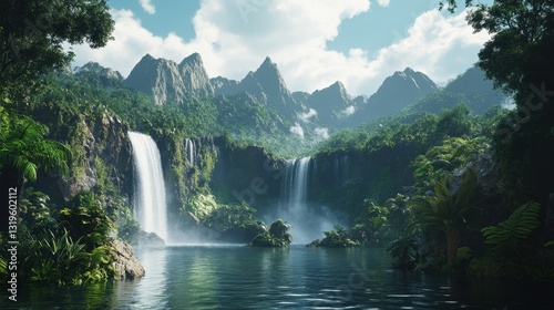 Breathtaking waterfall cascading into a serene lake surrounded by mountains.