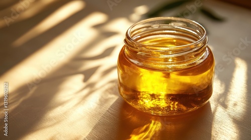 A pristine glass jar, its golden hue reflecting the soft glow of a sunbeam, stood majestically on a transparent backdrop, showcasing the golden elixir of pure coconut oil within its depths, ready to