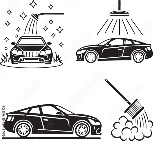 Car Wash Icons: Collection of clean car, car wash symbols representing the process of vehicle cleaning with tools. The clean car is a symbol of hygiene.