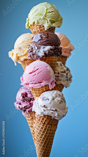 Row of ice cream cones with different flavors, including green, red