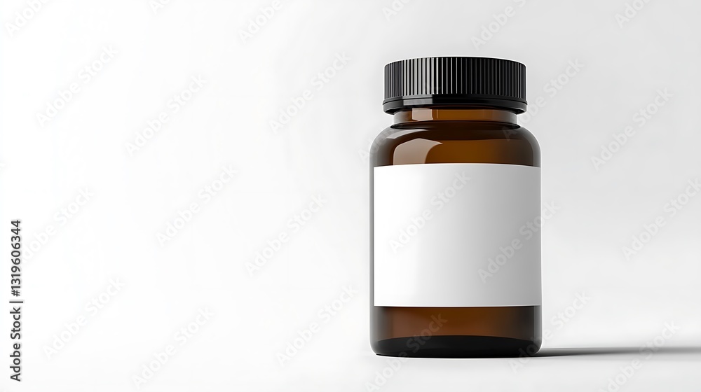 A brown bottle with a blank label on a white table A brown bottle with a blank label on a white table
