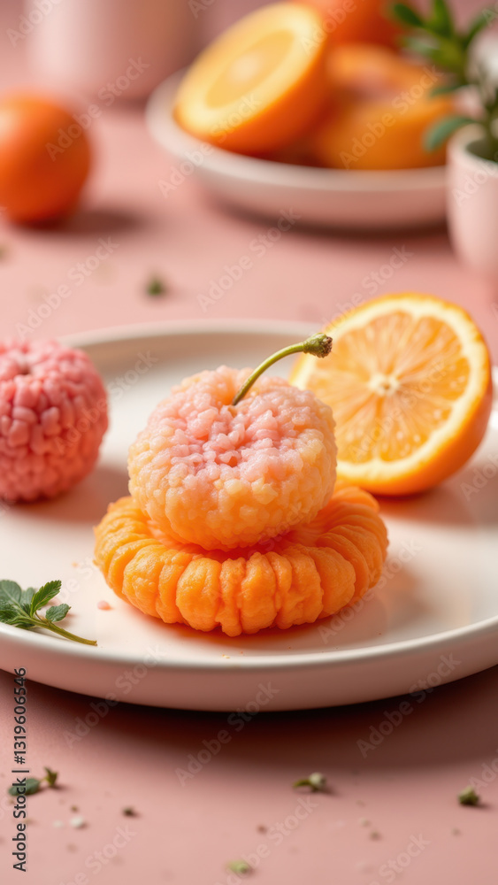 Colorful dye-free candies on a white plate with citrus fruits and edible flowers. Colorful dye-free candies on a white plate with citrus fruits and edible flowers.