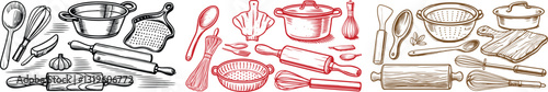 set of  Cooking concept kitchen utensils set in vintage vector, engraving sketch ink poster black illustration etching style tattoo, color blobs logo Kitchen, Utensils, Cooking, Pot, Clipart, Whisk