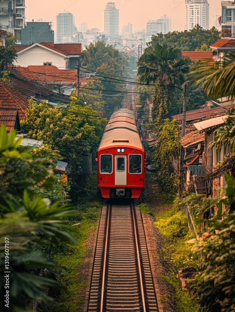 Naklejka premium A vibrant red train travels through a lush urban area, flanked by tropical greenery and city buildings in the background, Ideal for themes of transportation, urban life