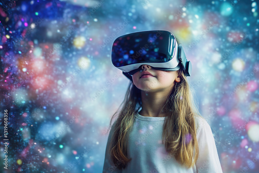 Young girl immersed in virtual reality enjoying an imaginative experience Young girl immersed in virtual reality enjoying an imaginative experience